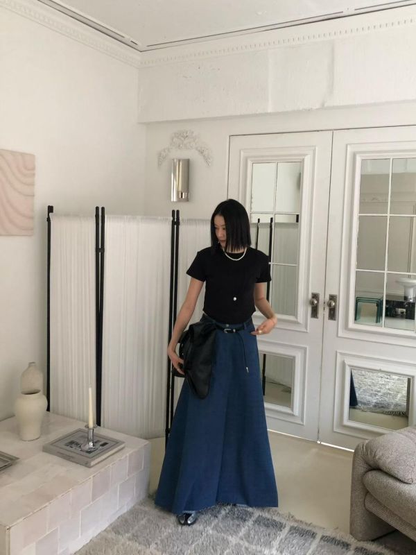 傘感斜紋牛仔布長裙 