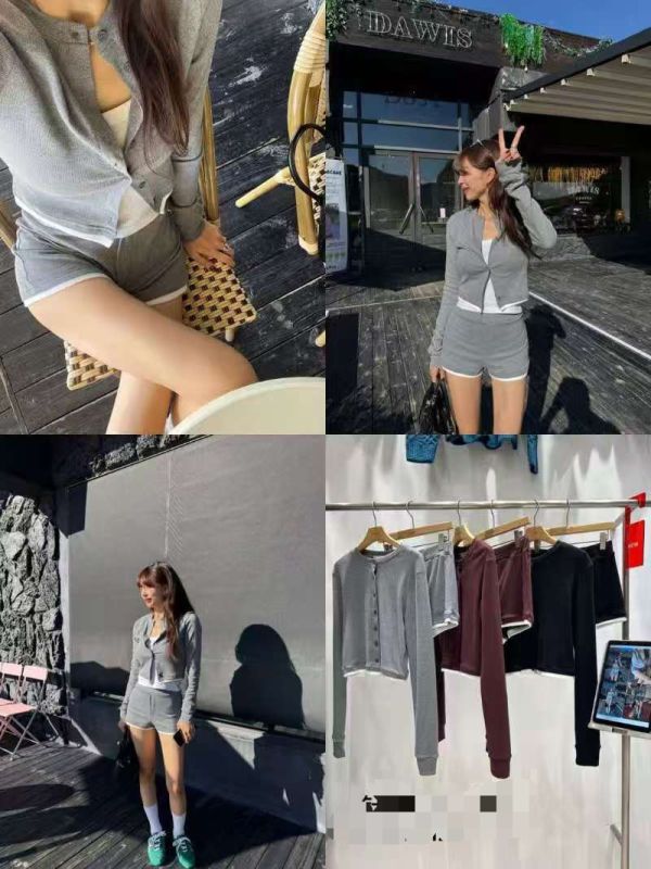 拼色滾邊排釦墊肩外套+彈性短褲SET 