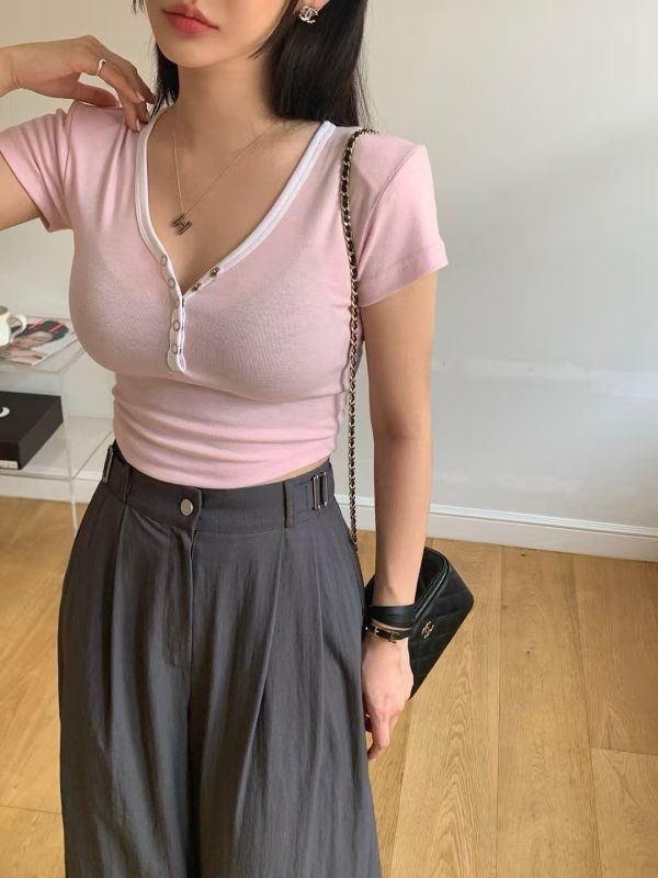 顯瘦v領拼色上衣 