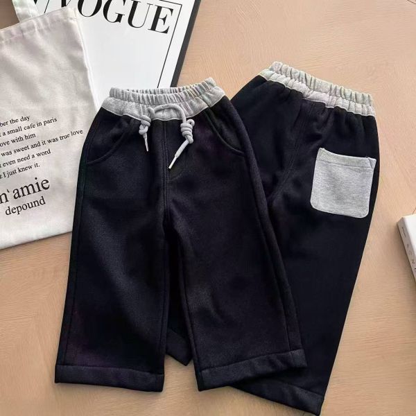 <<90-110>>清新黑灰拼接口袋加絨仿牛仔褲 