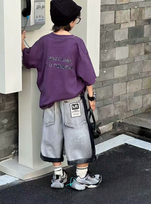 <<130-150>>街頭幾何拼接七分工裝牛仔褲 