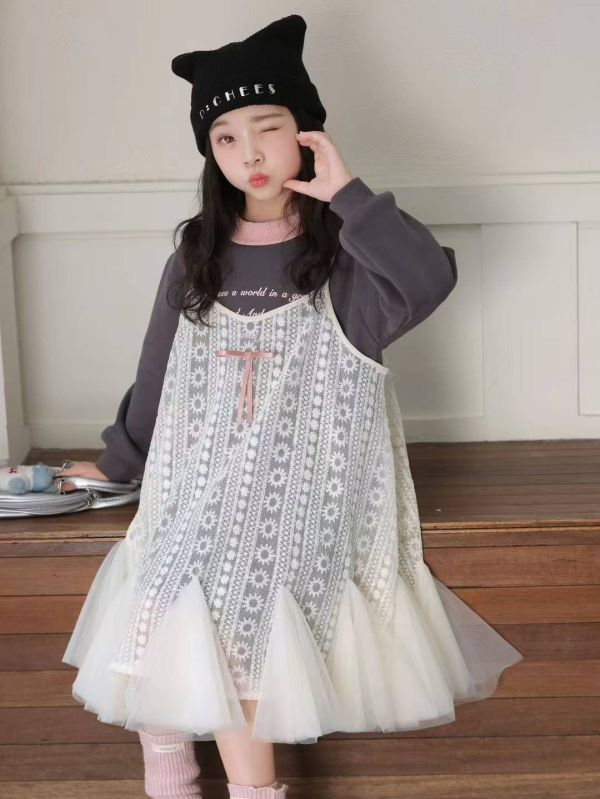 <<110-150>>學院風疊穿蕾絲加絨洋裝 