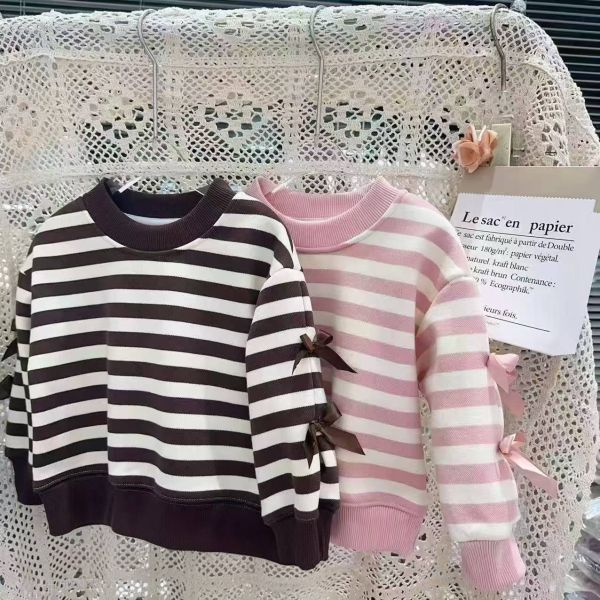 <<80-120>>袖口蝴蝶結學院風條紋加絨上衣 