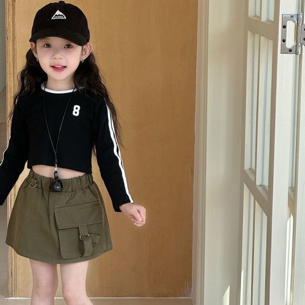 <<100-140>>黑白雙色側條紋露腰上衣(2色) 