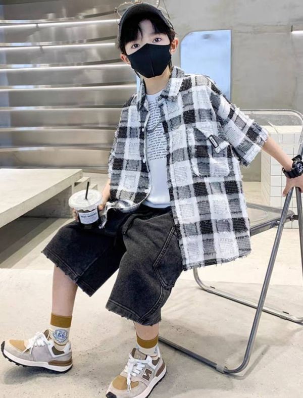 <<130-170>>時尚棋盤格紋潮流襯衫 