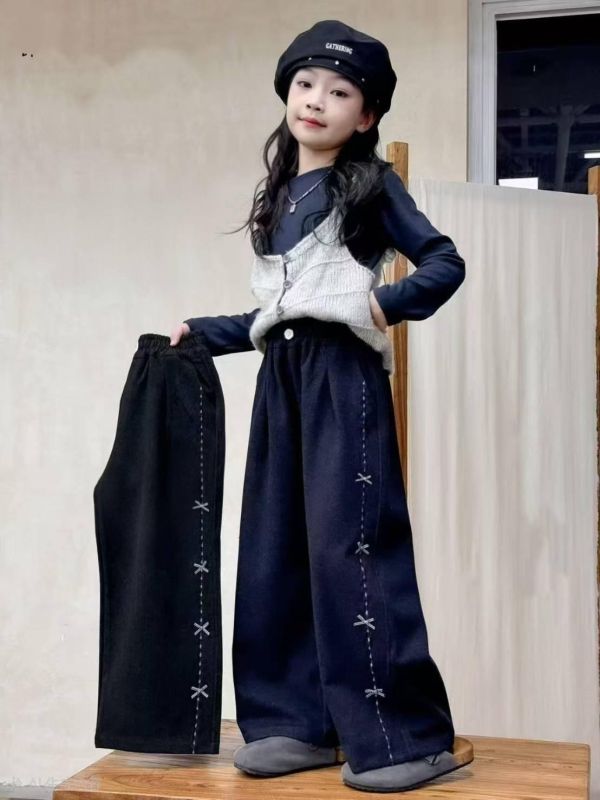 <<100-120>>蝴蝶黑藍寬腿加絨褲 