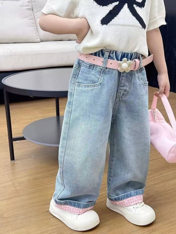 <<90-110>>甜心格紋翻折丹寧褲 