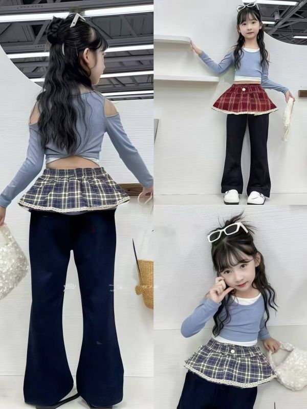 <<100-120>>俏皮感拼接裙邊加絨喇叭褲 