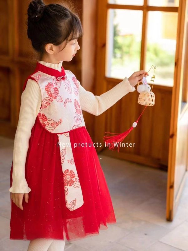 <<110-150>>花韻紅霞中式套裝 童裝禮服,紅色刺繡,復古風童裝,節日穿搭,中式風格,親膚面料,派對童裝,華麗禮服