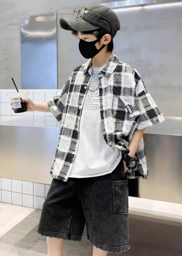 <<130-170>>時尚棋盤格紋潮流襯衫 
