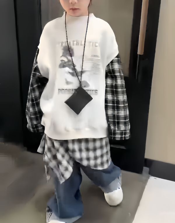 <<110-150>>復古混搭設計感加絨上衣 