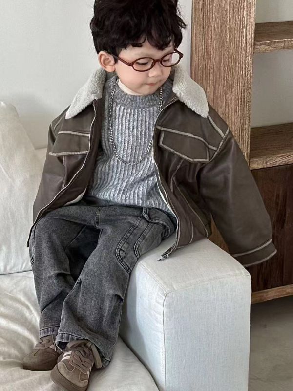 <<80-120>>小飛行員復古皮衣外套(2色) 