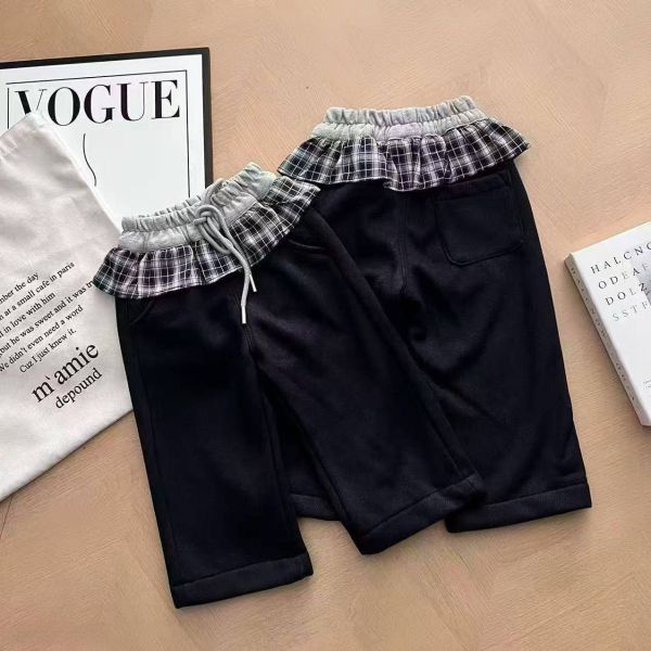 <<90-110>>潮流格紋荷葉加絨仿牛仔褲 