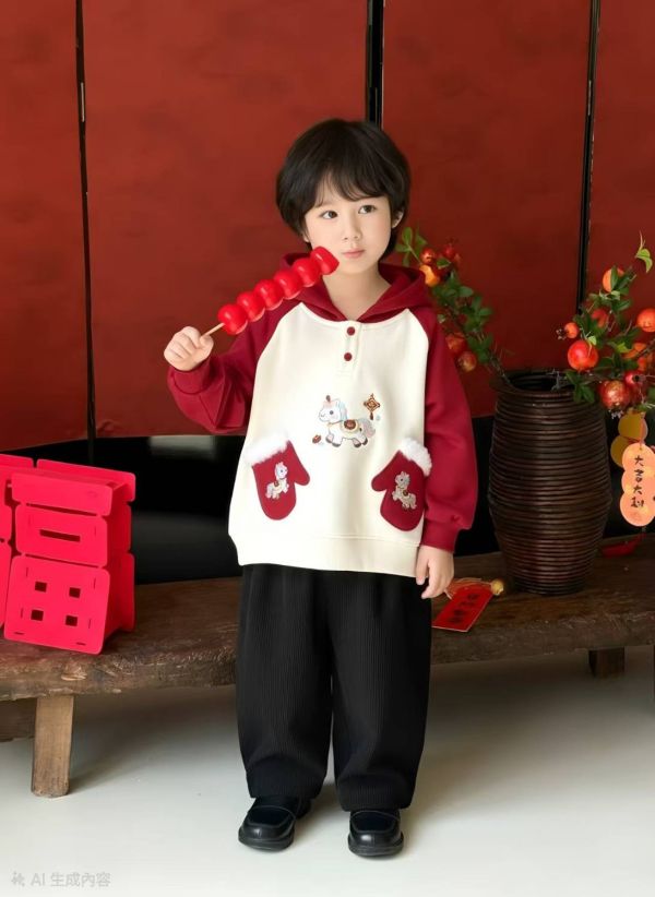 <<90-130>>年味滿滿小馬遊園加絨帽T 