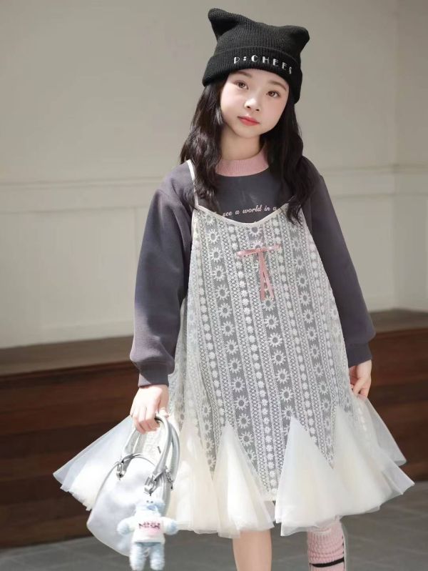 <<110-150>>學院風疊穿蕾絲加絨洋裝 