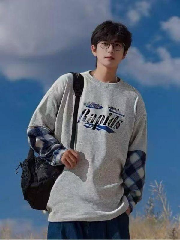 <<140-180>>激流字母格紋袖休閒上衣(2色) 