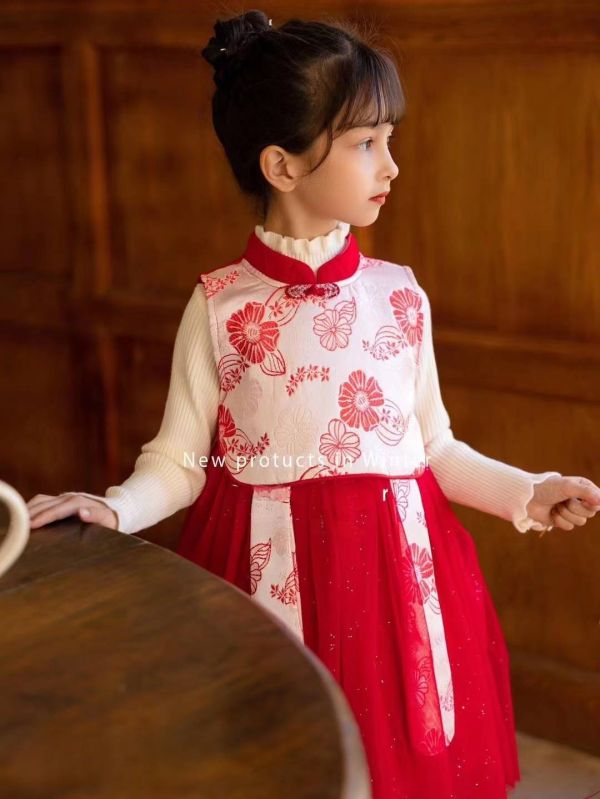 <<110-150>>花韻紅霞中式套裝 童裝禮服,紅色刺繡,復古風童裝,節日穿搭,中式風格,親膚面料,派對童裝,華麗禮服