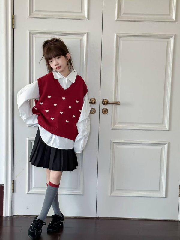 <<130-170>>甜美學院風層次套裝(上衣+背心) 