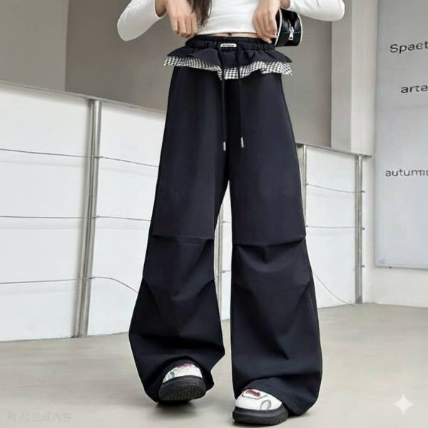 <<120-140>>荷葉格紋小裙邊加絨工裝褲 