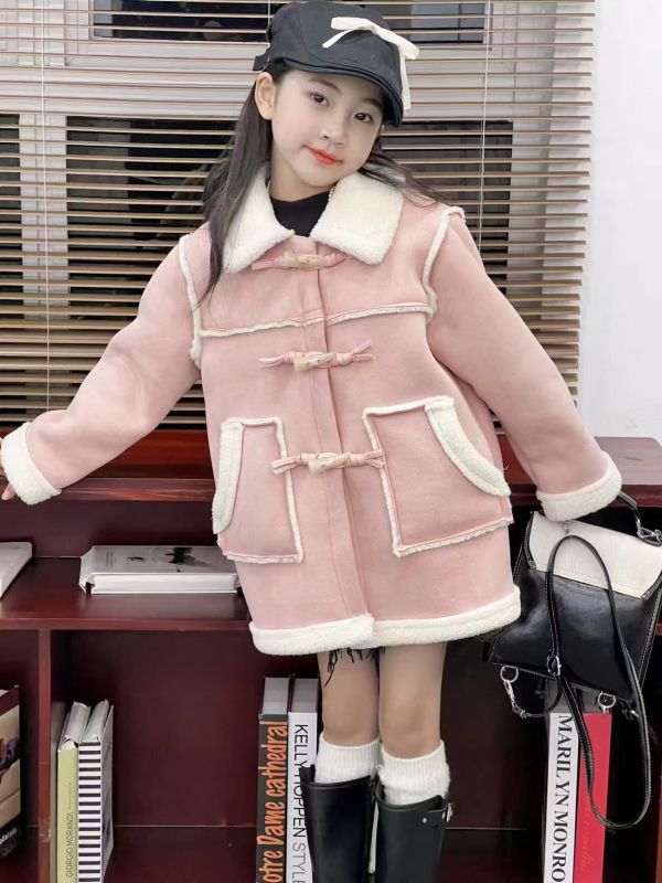 <<110-150>>小公主暖冬粉色羊羔絨大衣 