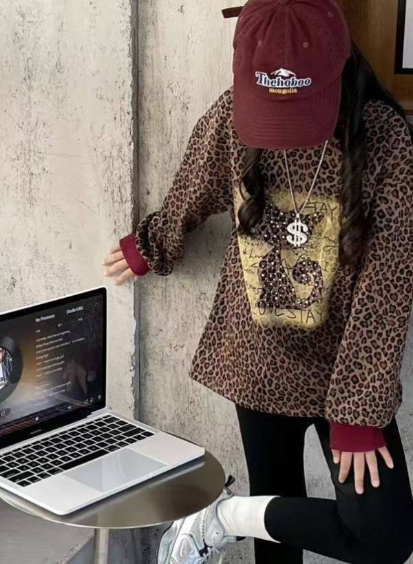 <<130-170>>酷野時尚豹紋加絨上衣 