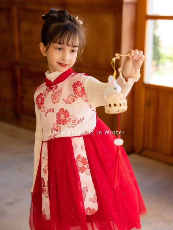 <<110-150>>花韻紅霞中式套裝 童裝禮服,紅色刺繡,復古風童裝,節日穿搭,中式風格,親膚面料,派對童裝,華麗禮服