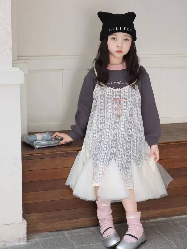 <<110-150>>學院風疊穿蕾絲加絨洋裝 