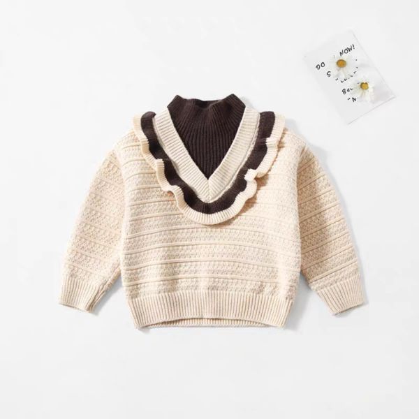 <<100-140>>雙層V領荷葉拼接高領毛衣(2色) 