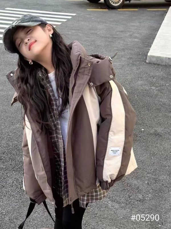 <<110-150>>霧咖潮酷拼接羽絨外套 