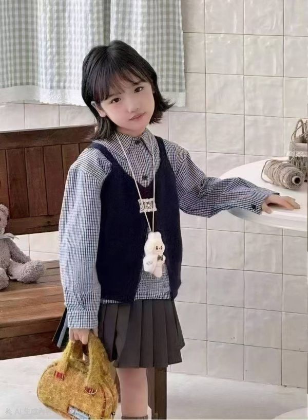 <<110-150>>學院風格紋背心百褶三件式套裝 