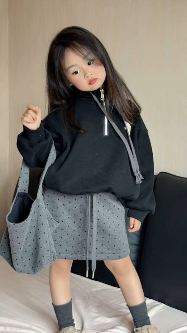 <<110-150>>夢幻黑帽灰裙休閒加絨套裝三件套 