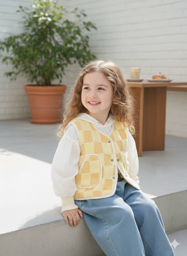 <<90-130>>暖陽棋盤格羊羔絨背心 秋冬保暖兒童背心,輕便舒適秋冬背心,秋冬俏皮設計兒童背心