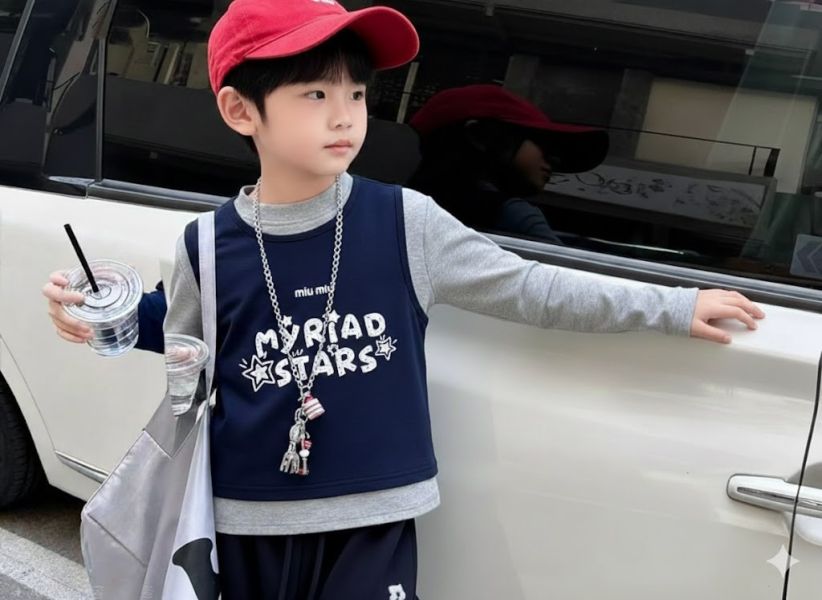 <<110-150>>藍灰小明星拼接馬甲加絨上衣(2色) 