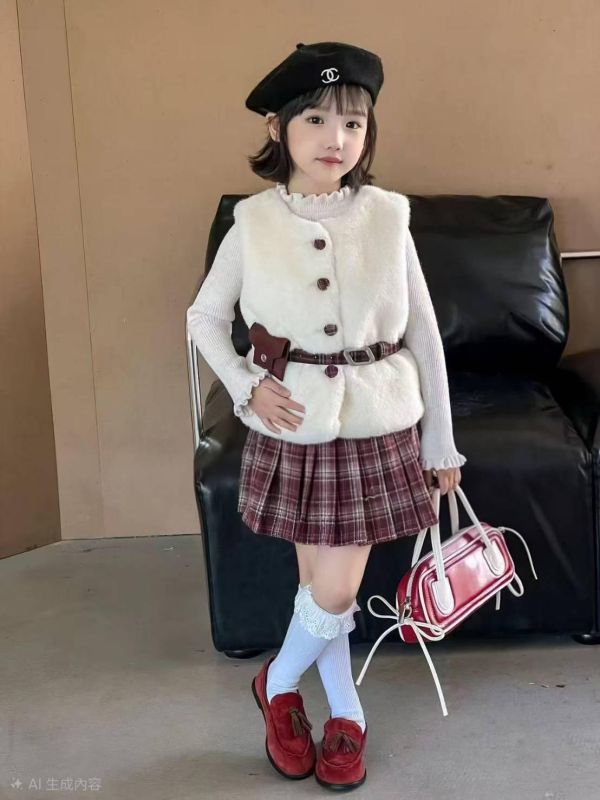 <<110-150>>雪絨格裙小淑女休閒三件式套裝(2色) 