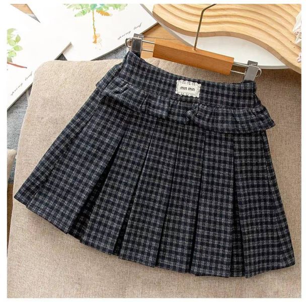 <<110-150>>冬日毛呢灰格毛呢加絨裙 