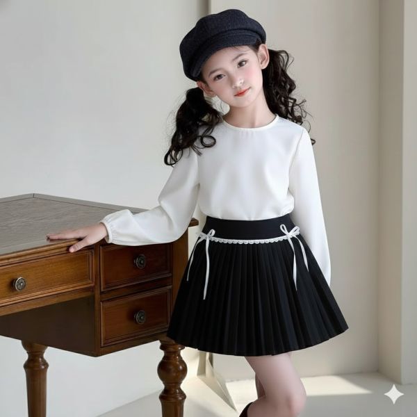 <<130-170>>學院風繫帶蝴蝶結百褶裙 