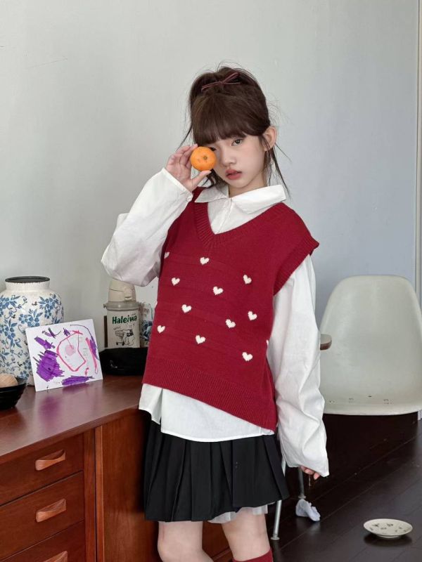 <<130-170>>甜美學院風層次套裝(上衣+背心) 