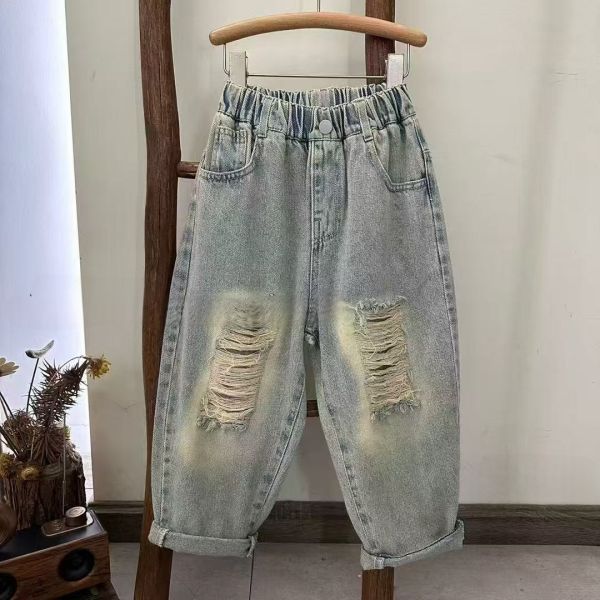 <<105-125>>復古刷白街頭破洞牛仔褲 