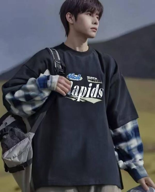 <<140-180>>激流字母格紋袖休閒上衣(2色) 