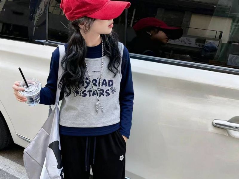 <<110-150>>藍灰小明星拼接馬甲加絨上衣(2色) 