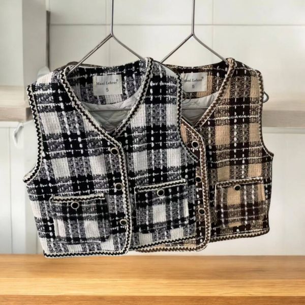 經典格紋小香風背心 小香風格子背心,千鳥格針織外搭,時尚潮流格紋馬甲