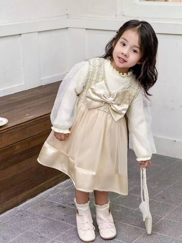 <<90-130>>浪漫金色蝴蝶結網紗加絨套裝 