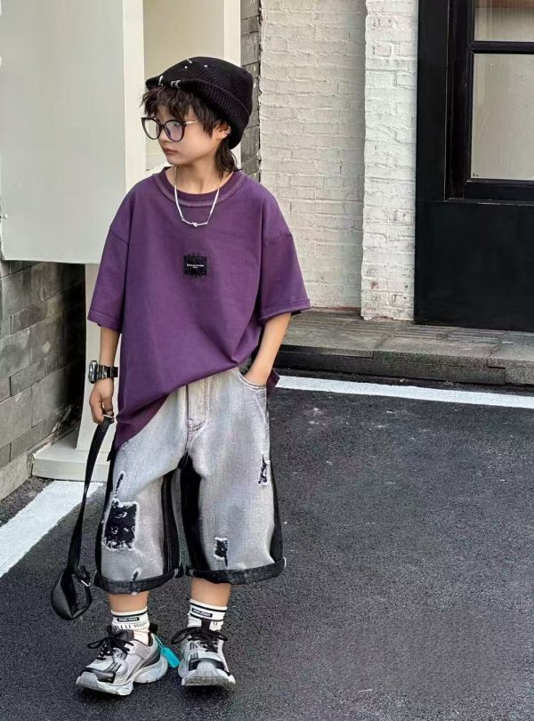 <<130-150>>街頭幾何拼接七分工裝牛仔褲 