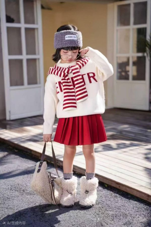 <<110-150>>暖毛圍巾紅裙活力三件式套裝 