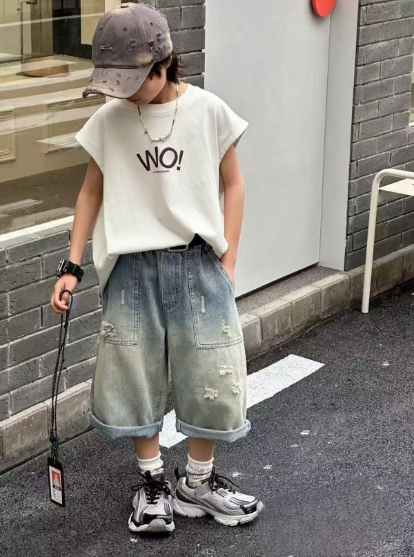 <<130-150>>個性破壞設計七分工裝牛仔褲 