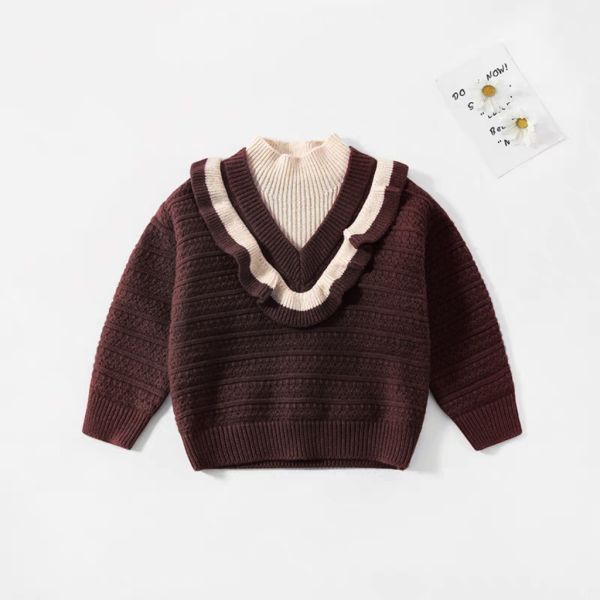 <<100-140>>雙層V領荷葉拼接高領毛衣(2色) 