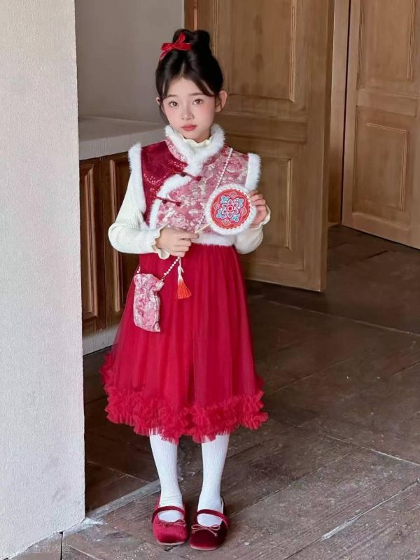 <<110-150>>喜氣洋洋緞裙漢領套裝 