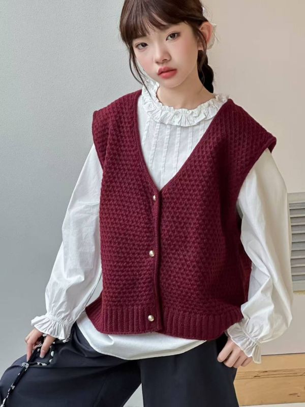 <<130-170>>學院風紅色V領套裝(上衣+背心) 