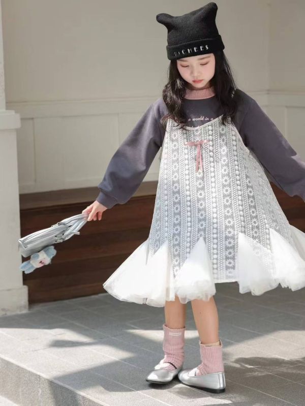 <<110-150>>學院風疊穿蕾絲加絨洋裝 