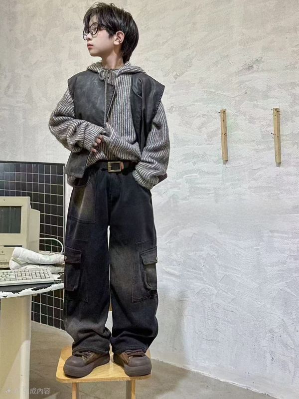 <<130-150>>都市潮酷大口袋加絨牛仔褲 